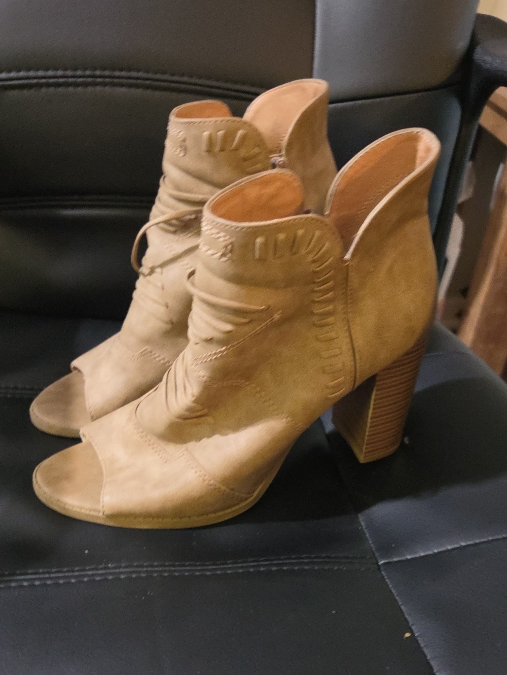 Report Tan Suede Peep-Toe Block Heel Booties